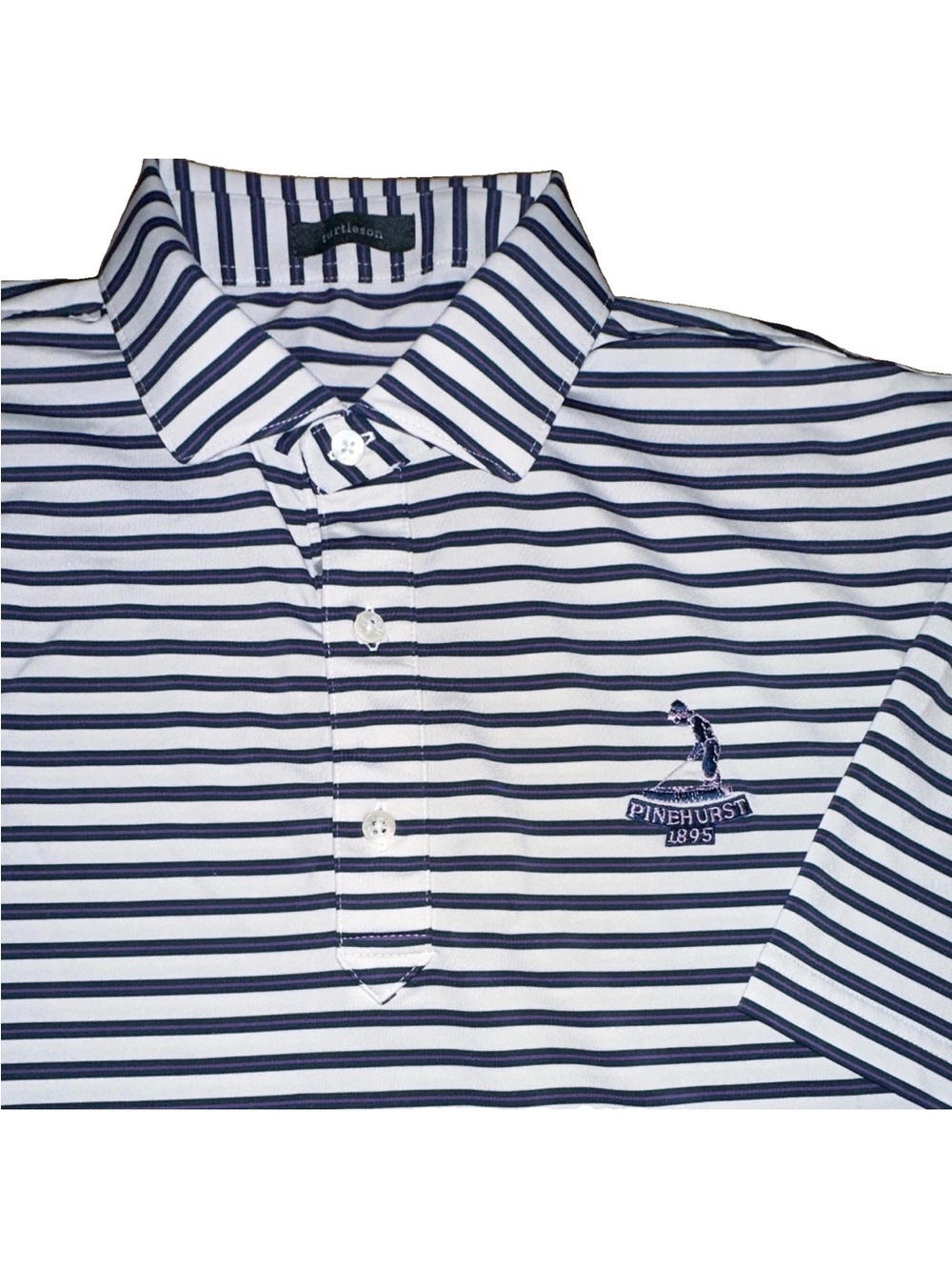 Pinehurst Turtleson Men's L White/Navy/Purple Striped Polo SS Pinehurst Logo
